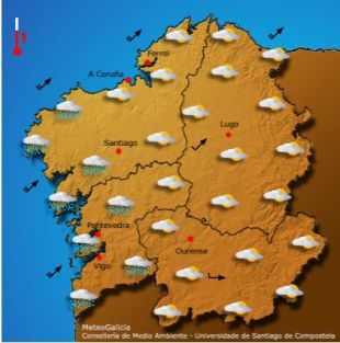 O tempo na mañá desta terza feira, segundo Meteogalicia. Na imaxe pódese apreciar que xa parou de nevar na metade oriental do país